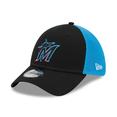 Men’s New Era Miami Marlins EG Neo 39THIRTY Black and Marlins Blue Fit Cap