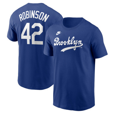 Men’s Nike Jackie Robinson Brooklyn Dodgers Cooperstown Collection Name & Number Royal T-Shirt (2024)
