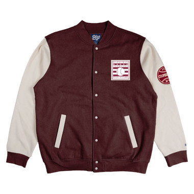 Men's Baseball Hall of Fame Maroon and Antique White Snap Front Fleece Varsity Jacket