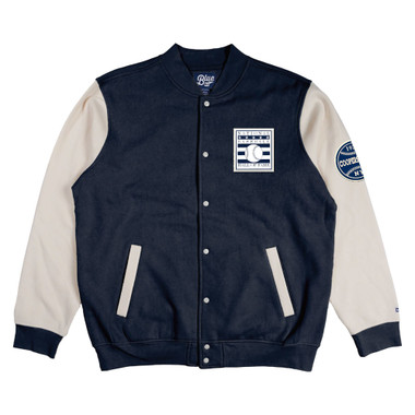 Men's Baseball Hall of Fame Navy and Antique White Snap Front Fleece Varsity Jacket