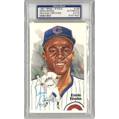 Ernie Banks Autographed Perez-Steele HOF Series Postcard # 158 (PSA-27)