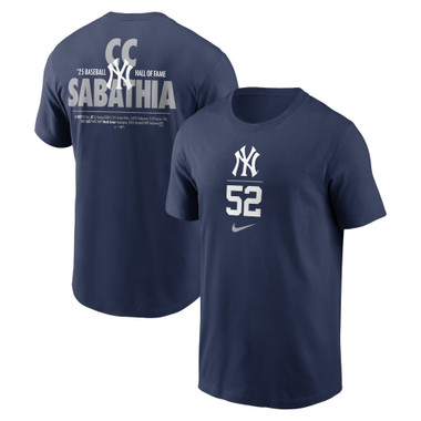 Men’s Nike CC Sabathia New York Yankees Baseball Hall of Fame 2025 Induction Career Statistics T-Shirt