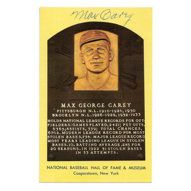 Max Carey Autographed Hall of Fame Plaque Postcard (JSA-39)