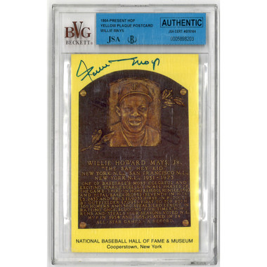Willie Mays Autographed Hall of Fame Plaque Postcard (Beckett-03)