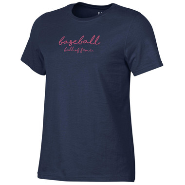 Women’s Baseball Hall of Fame Metallic Script Navy Crew T-Shirt