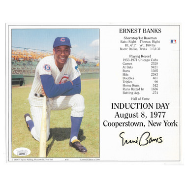 Ernie Banks Autographed 1977 Hall of Fame Induction 8x10 Photocard (JSA)