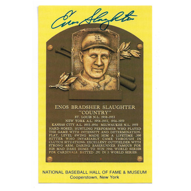 Enos Slaughter Autographed Hall of Fame Plaque Postcard (PSA-85)