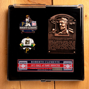 Roberto Clemente Hall of Fame Exclusive 3 Piece Pin Set with Plaque Bust Ltd Ed of 1,973