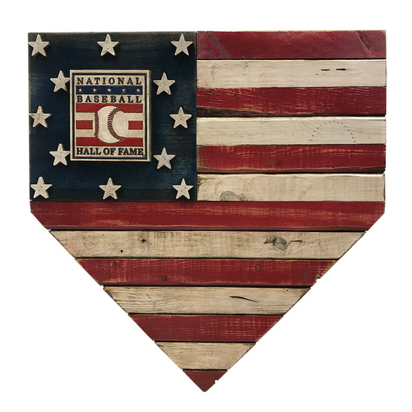 Vintage Distressed Wood 17 Inch Home Plate Flag with Baseball Hall of Fame Logo