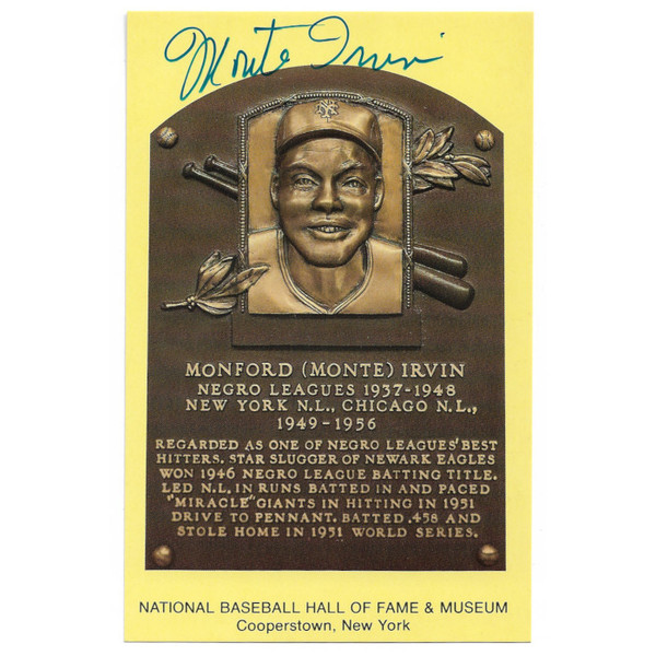 Monte Irvin Autographed Hall of Fame Plaque Postcard (JSA-15)