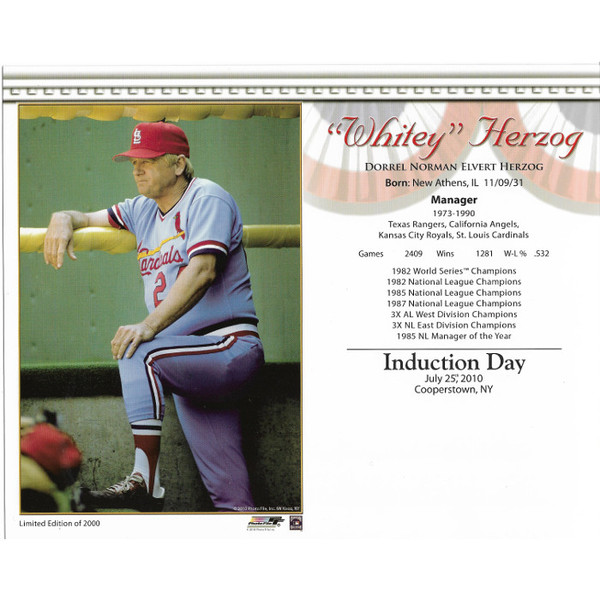 Whitey Herzog St. Louis Cardinals 2010 Hall of Fame Induction 8x10 Photocard