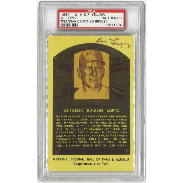 Al Lopez Autographed Hall of Fame Plaque Postcard (PSA-84)