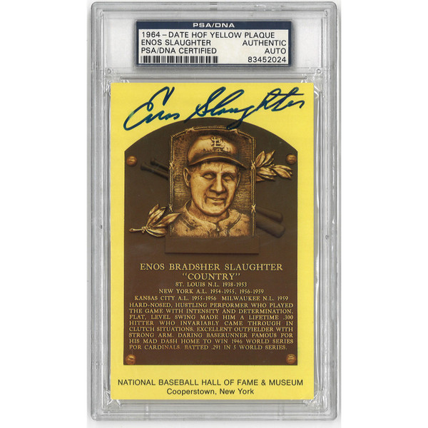 Enos Slaughter Autographed Hall of Fame Plaque Postcard (PSA-24)