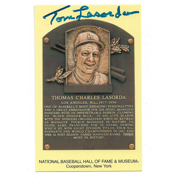 Tommy Lasorda Autographed Hall of Fame Plaque Postcard (PSA-49)