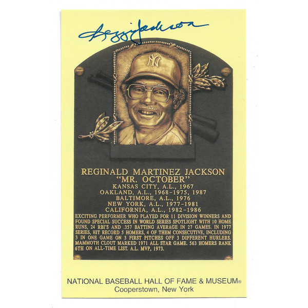 Reggie Jackson Autographed Hall of Fame Plaque Postcard (JSA-74)