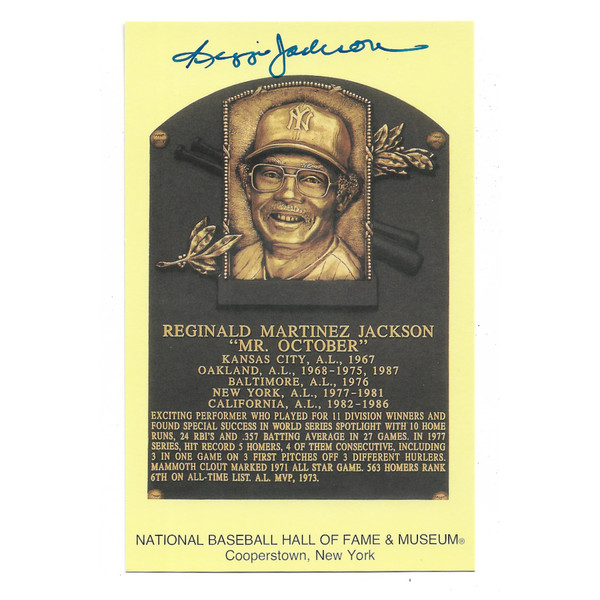 Reggie Jackson Autographed Hall of Fame Plaque Postcard (JSA-86)