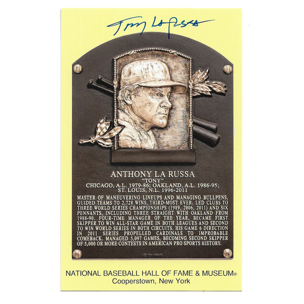 Tony La Russa Autographed Hall of Fame Plaque Postcard (JSA)
