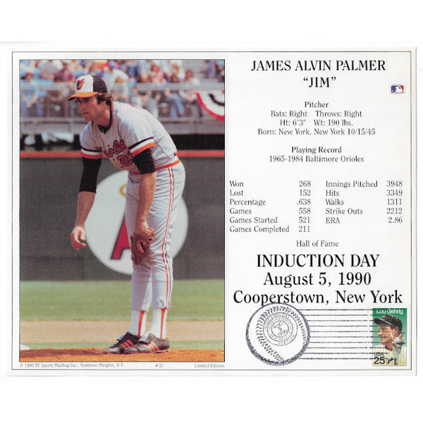 Jim Palmer Baltimore Orioles 1990 Hall of Fame Induction 8x10 Photocard (pitching) with Induction Day Stamp Cancellation