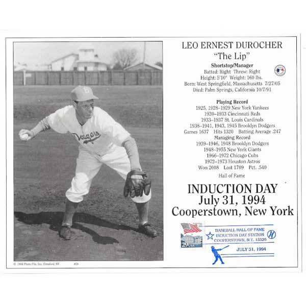 Leo Durocher Brooklyn Dodgers 1994 Hall of Fame Induction 8x10 Photocard with Induction Day Stamp Cancellation V1
