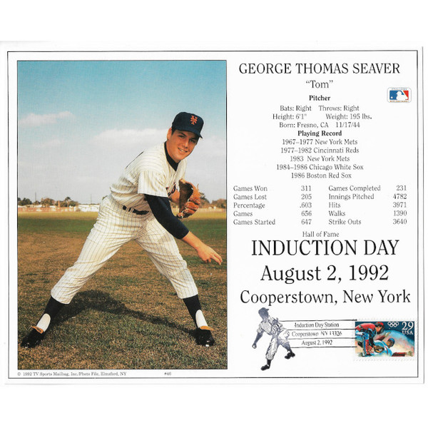 Tom Seaver New York Mets 1992 Hall of Fame Induction 8x10 Photocard (pitching) with Induction Day Stamp Cancellation