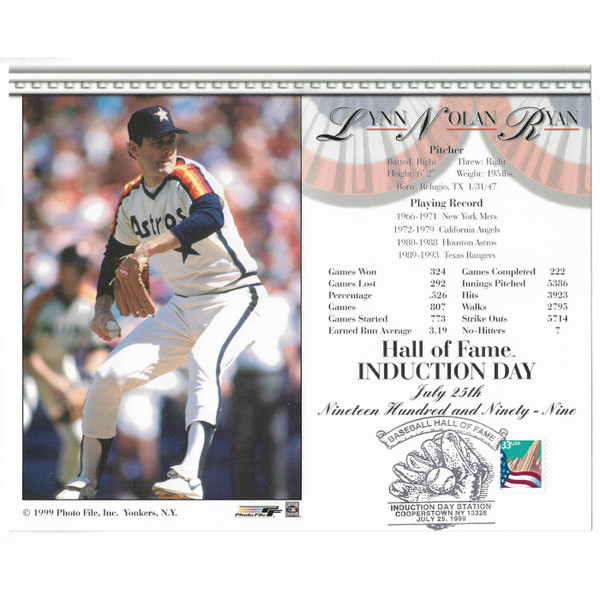 Nolan Ryan Houston Astros 1999 Hall of Fame Induction 8x10 Photocard with Induction Day Stamp Cancellation