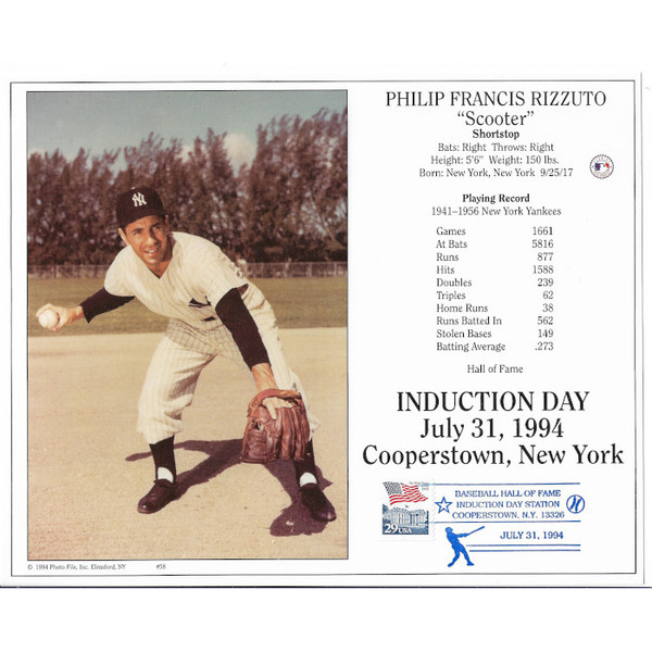 Phil Rizzuto New York Yankees 1994 Hall of Fame Induction 8x10 Photocard (fielding) with Induction Day Stamp Cancellation