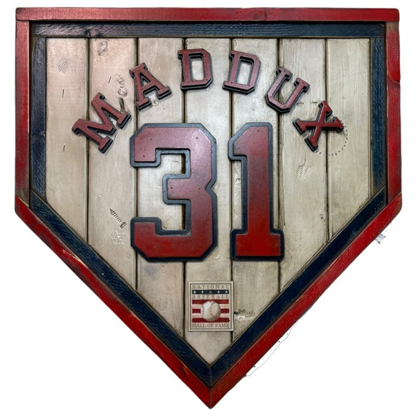 Greg Maddux Hall of Fame Vintage Distressed Wood 20 Inch Heritage Natural Home Plate - Atlanta