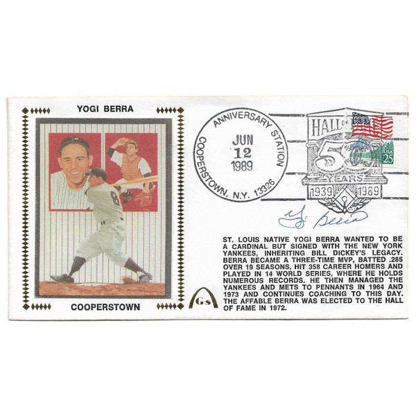 Yogi Berra Autographed First Day Cover - 1989 Hall of Fame 50th Anniversary (PSA-79)
