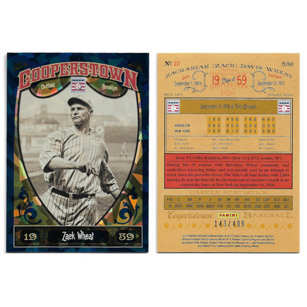Zack Wheat 2013 Panini Cooperstown Blue Crystal # 22 Ltd Ed of 499