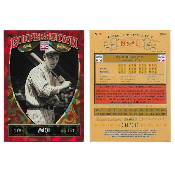 Mel Ott 2013 Panini Cooperstown Red Crystal Collection # 31 Baseball Card Ltd Ed of 399