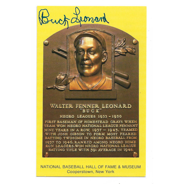 Buck Leonard Autographed Hall of Fame Plaque Postcard (JSA-53)