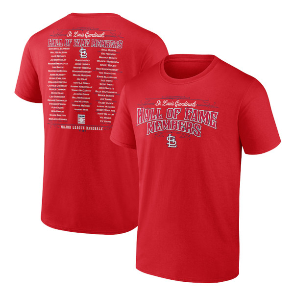 Men’s St. Louis Cardinals Red Team Hall of Famer Roster T-Shirt
