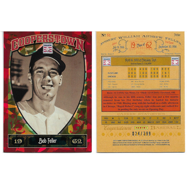 Bob Feller 2013 Panini Cooperstown Red Crystal Collection # 51 Baseball Card Ltd Ed of 399