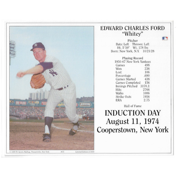 Whitey Ford New York Yankees 1974 Hall of Fame Induction 8x10 Photocard