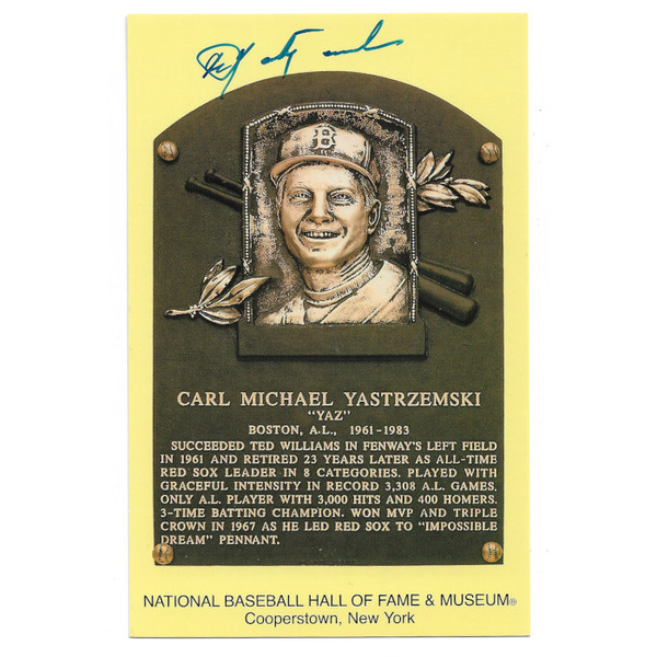 Carl Yastrzemski Autographed Hall of Fame Plaque Postcard (JSA)