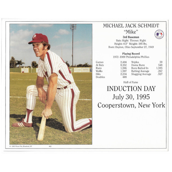 Mike Schmidt Philadelphia Phillies 1995 Hall of Fame Induction 8x10 Photocard (kneeling)