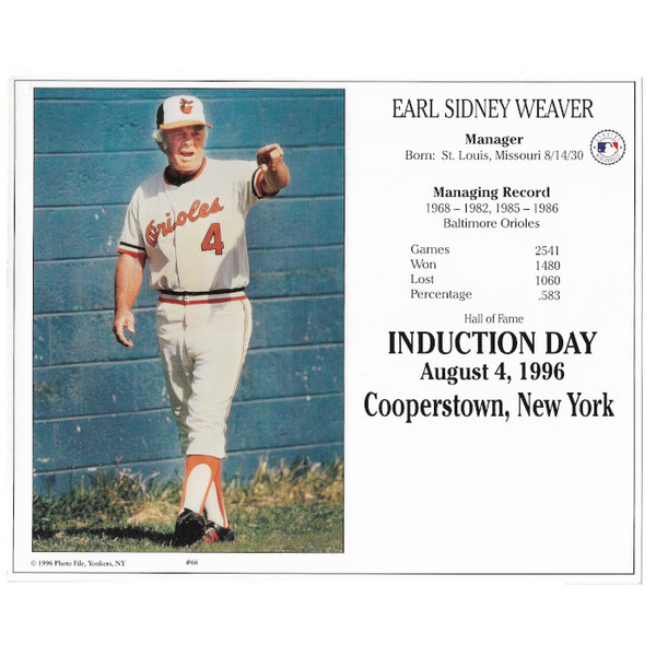 Earl Weaver Baltimore Orioles 1996 Hall of Fame Induction 8x10 Photocard (standing)