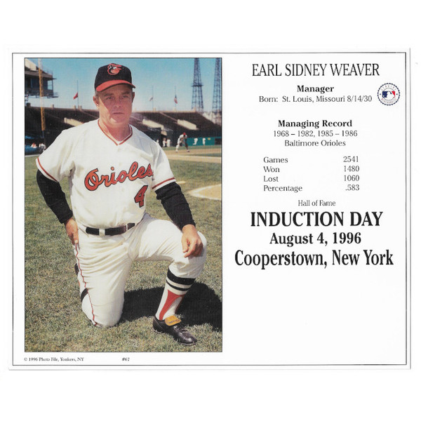 Earl Weaver Baltimore Orioles 1996 Hall of Fame Induction 8x10 Photocard (kneeling)