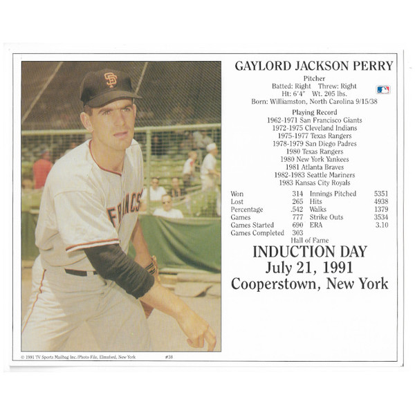 Gaylord Perry San Francisco Giants 1990 Hall of Fame Induction 8x10 Photocard