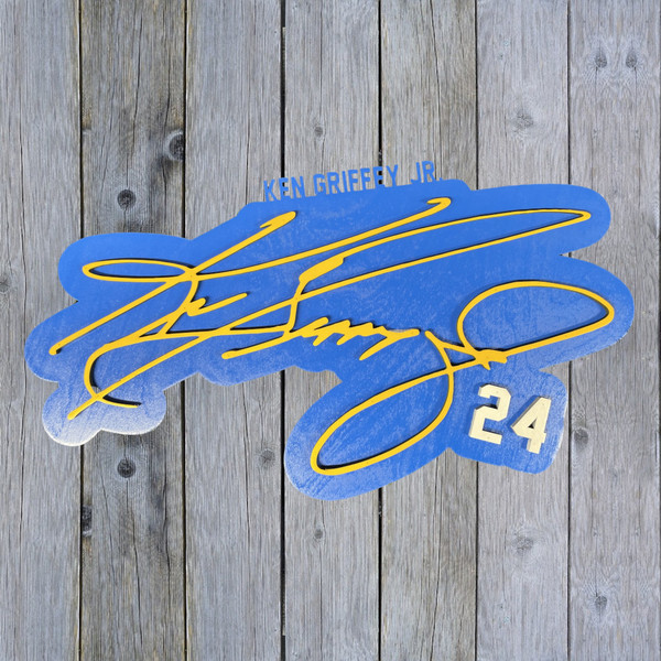 Ken Griffey Jr. 3D Signature 19 x 18 Royal with Yellow Wood Wall Sign with  Number