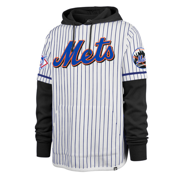 Men’s ’47 New York Mets Cooperstown Collection Double Header Black and Pinstripe Hooded Fleece Pullover