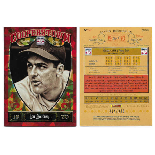 Lou Boudreau 2013 Panini Cooperstown Red Crystal Collection # 53 Baseball Card Ltd Ed of 399