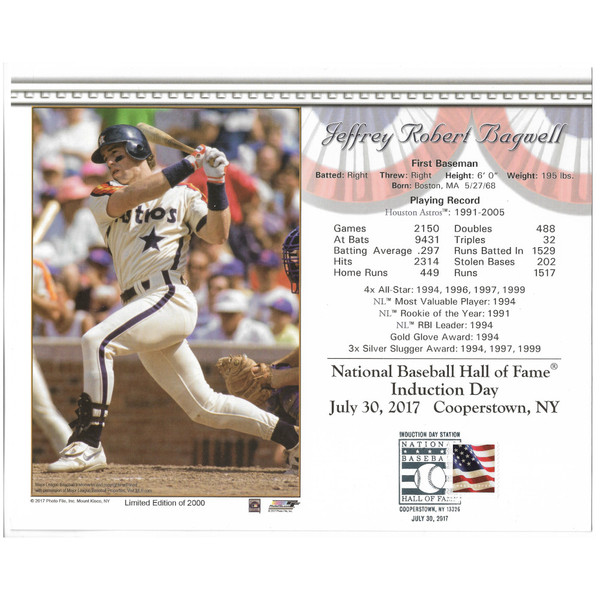 Jeff Bagwell Houston Astros 2017 Hall of Fame Induction 8x10 Photocard with Induction Day Stamp Cancellation