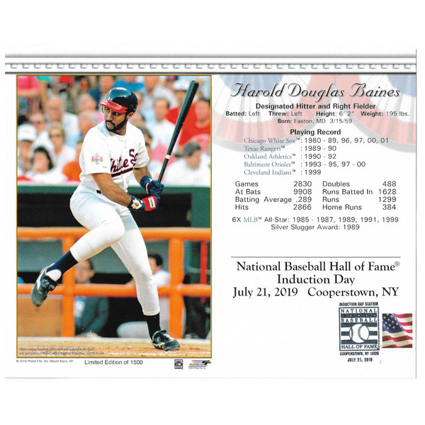 Harold Baines Chicago White Sox 2019 Hall of Fame Induction 8x10 Photocard with Induction Day Stamp Cancellation