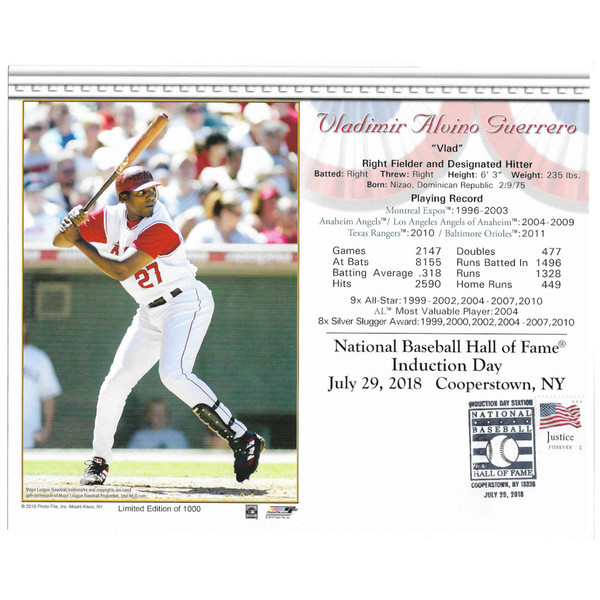 Vladimir Guerrero Los Angeles Angels 2018 Hall of Fame Induction 8x10 Photocard with Induction Day Stamp Cancellation