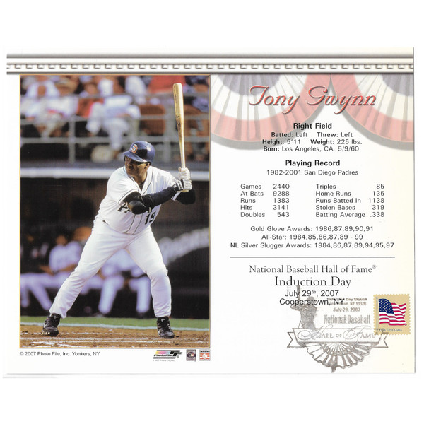 Tony Gwynn San Diego Padres 2007 Hall of Fame Induction 8x10 Photocard with Induction Day Stamp Cancellation