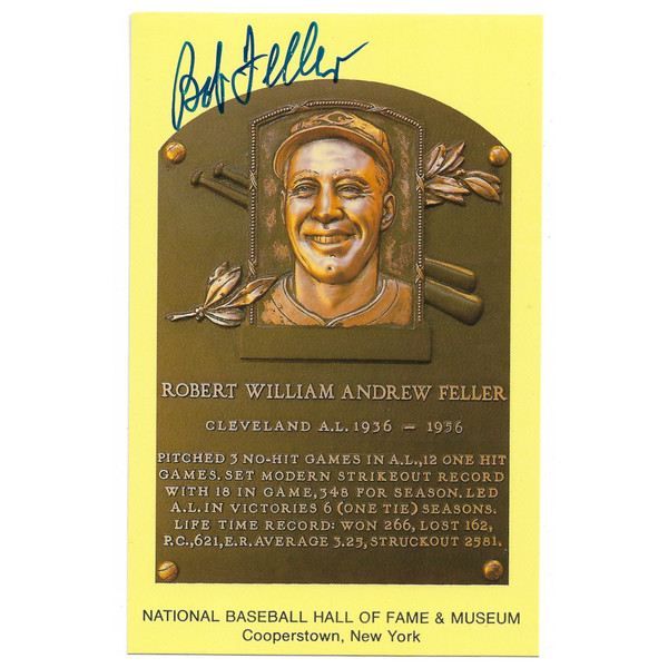 Bob Feller Autographed Hall of Fame Plaque Postcard (HOF)