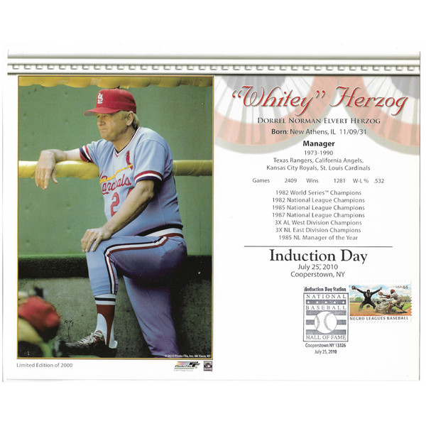 Whitey Herzog St. Louis Cardinals 2010 Hall of Fame Induction 8x10 Photocard with Induction Day Stamp Cancellation