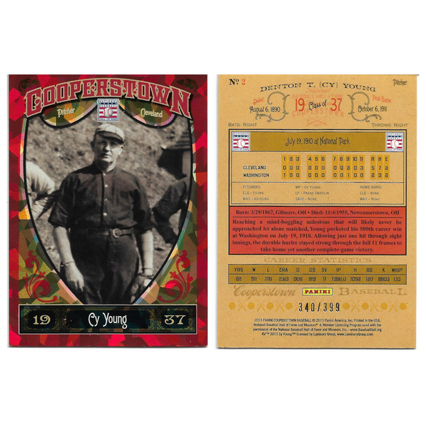 Cy Young 2013 Panini Cooperstown Red Crystal Collection # 2 Baseball Card Ltd Ed of 399