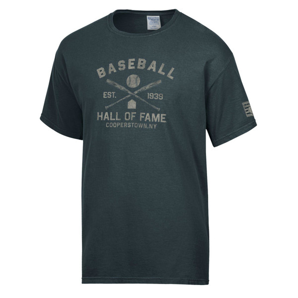 Men’s Baseball Hall of Fame Crossed Bats Est. 1939 Washed Dark Grey Vintage Dyed T-Shirt